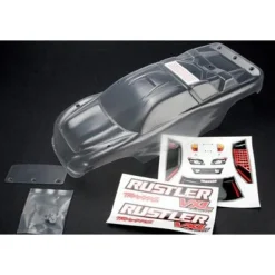 Body, Rustler (clear, requires painting)/window, lights decal sheet/ wing and aluminum hardware Trax - Traxxas