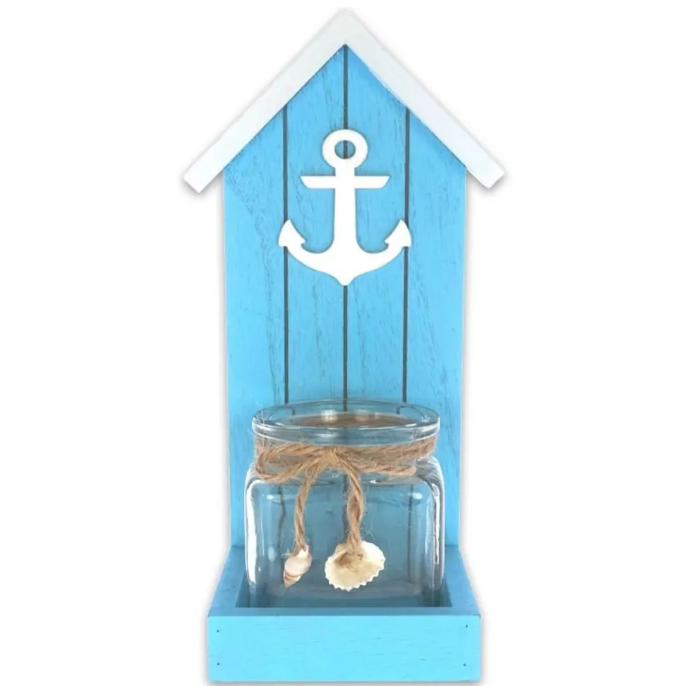 Bougeoir Bord de Mer turquoise, en verre et bois 25,5cm - RueDeLaFete
