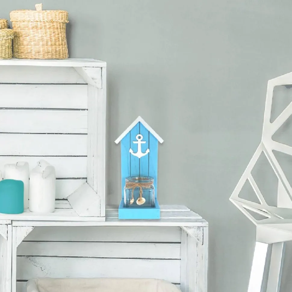 Bougeoir Bord de Mer turquoise, en verre et bois 25,5cm - RueDeLaFete