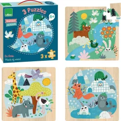 Coffret puzzles en bois 3x16 pièces : Animaux du monde - Vilac
