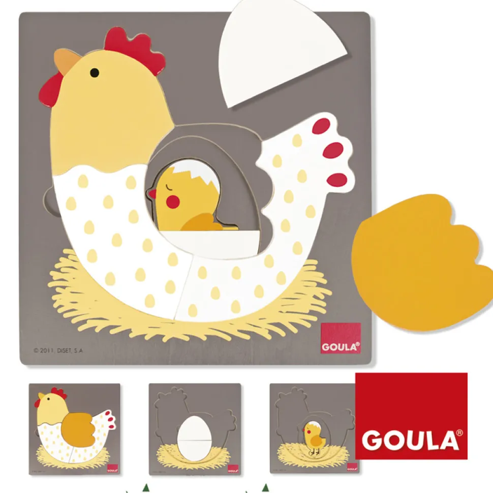 Encastrement 7 pièces en bois : Puzzle 3 niveaux poule - Goula