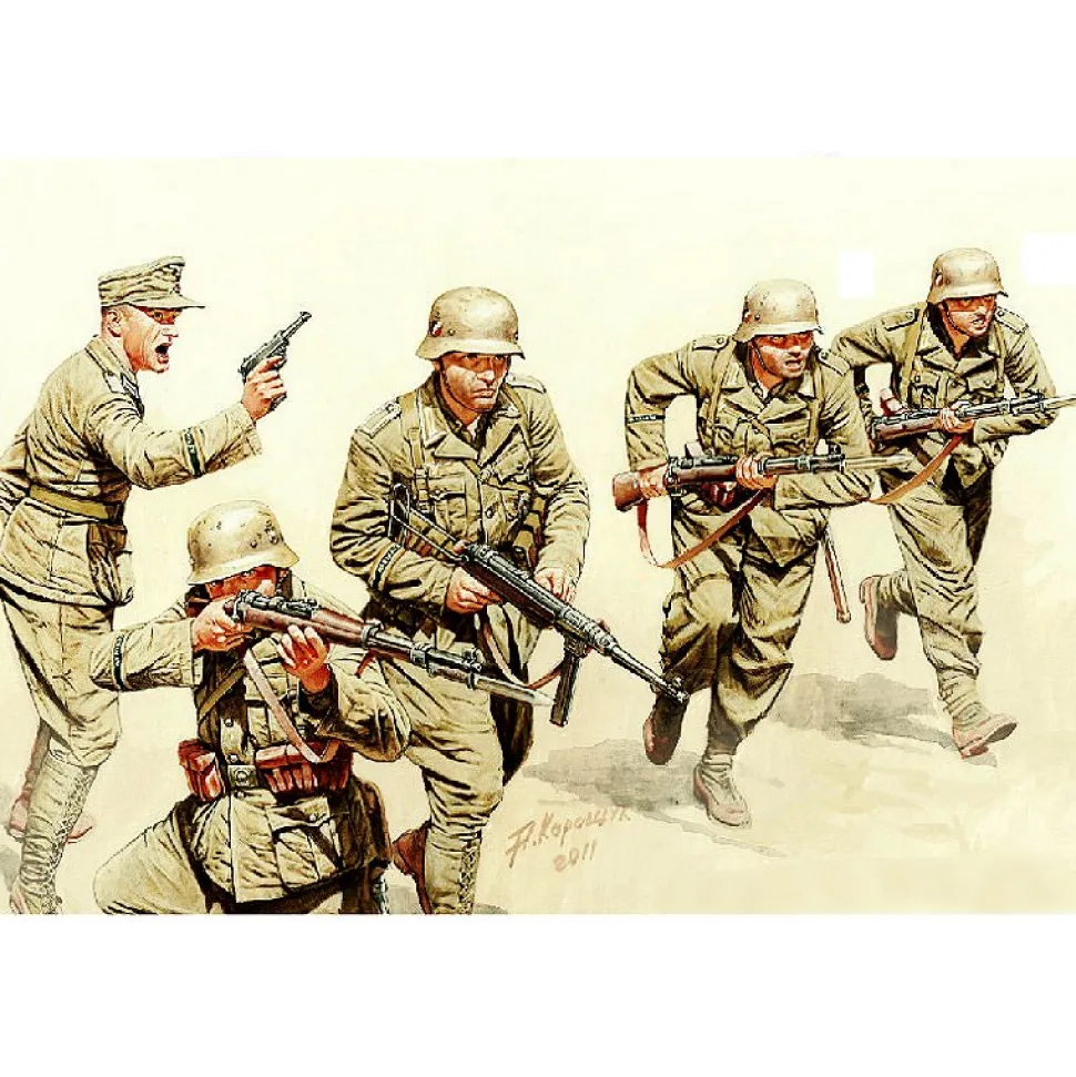 Figurines 2ème Guerre Mondiale : Infanterie deutsches Afrika Korps à l'assaut 1942 - Master Box