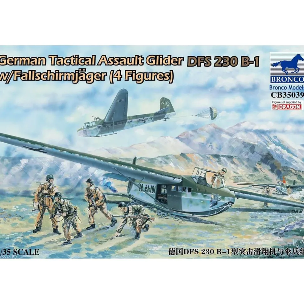Figurines pour maquettes : Planeur d'assaut tactique allemand DFS 230 B-1 w/Parachute Hunter (4 figu - Bronco Models
