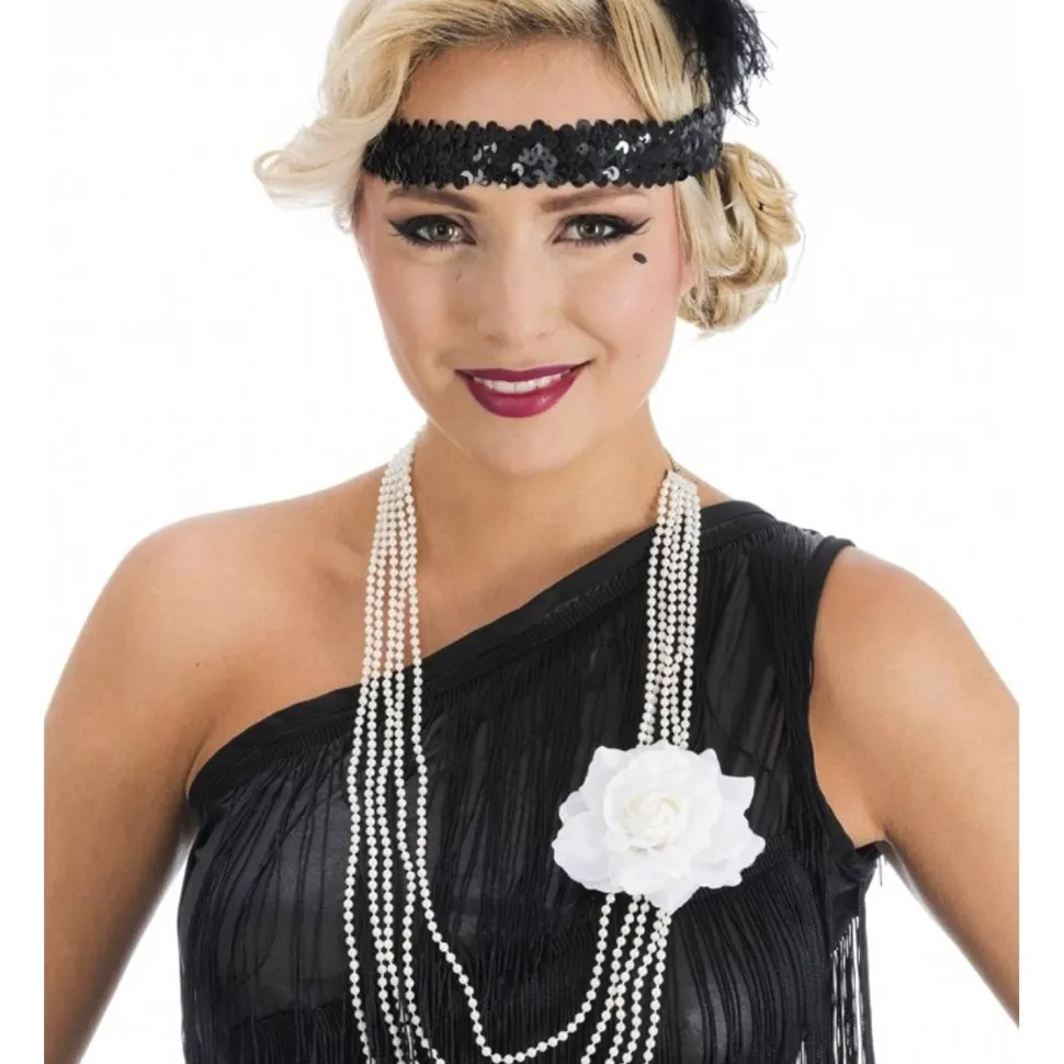 Grand Collier de perles factices charleston avec fleur artificielle, Blanc - RueDeLaFete