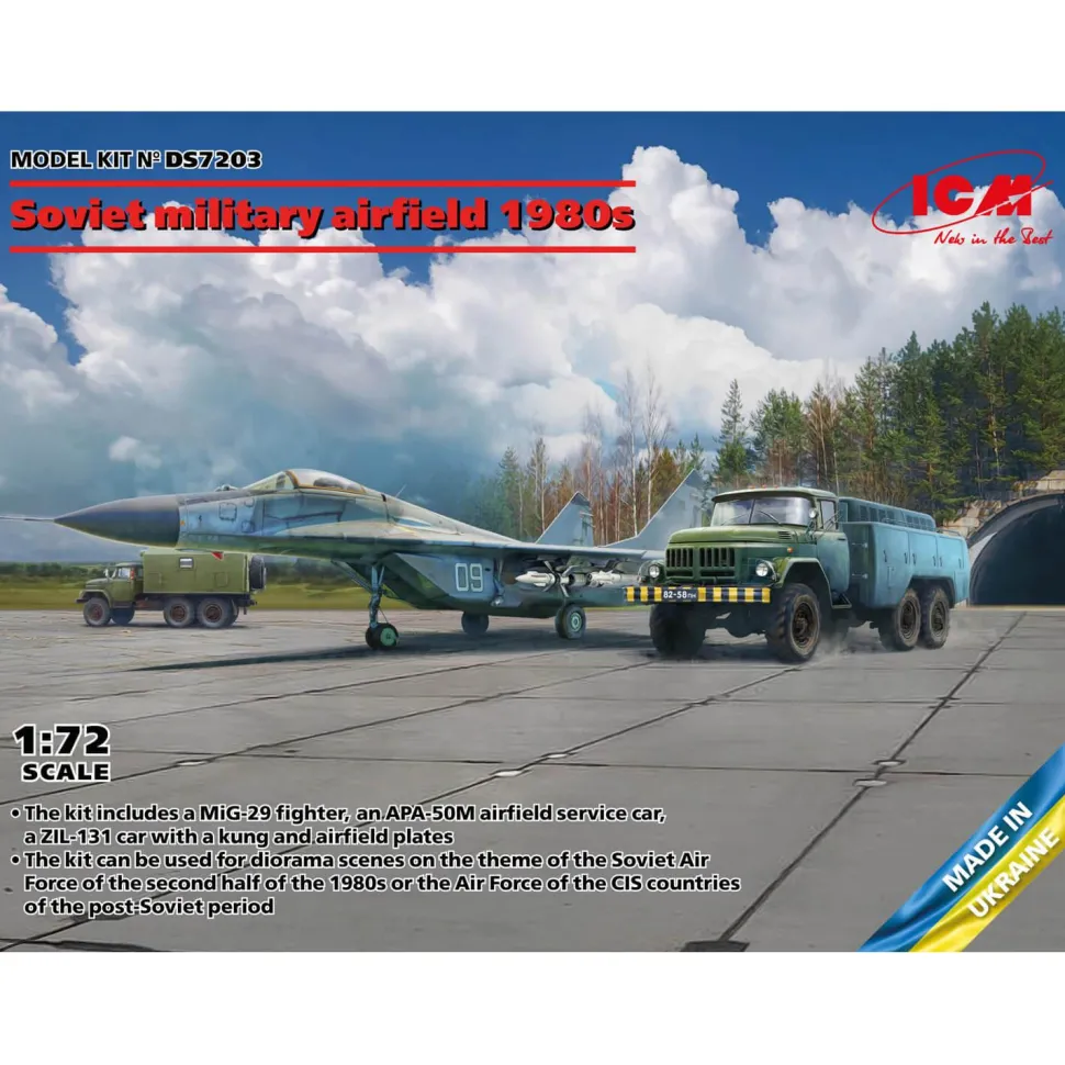 Maquettes Aérodrome militaire soviétique des années 1980 : MIG29, APA-50M (ZiL-131), ATZ-5 SovPAG-14 - ICM