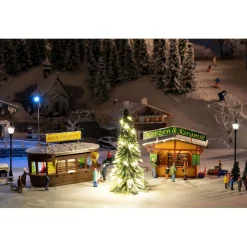 Modélisme HO : 2 Stands de marché de Noël avec sapin illuminé - Faller