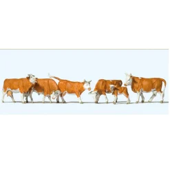 Modélisme HO : Figurines : Set de 6 vaches marrons et blanches - Preiser