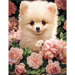 Puzzle 300 pièces : Chiot de Poméranie premium dans les roses - Castorland