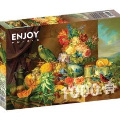 Puzzle 1000 Pièces : Josef Schuster - Nature morte avec des fleurs fruitées et un Perroquet - EnjoyPuzzle