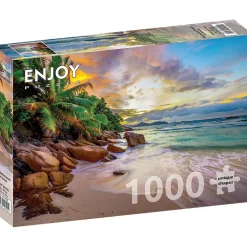 Puzzle 1000 pièces : Plage des Seychelles au coucher du soleil - EnjoyPuzzle