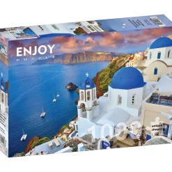 Puzzle 1000 pièces : Vue de Santorin avec bateaux, Grèce - EnjoyPuzzle