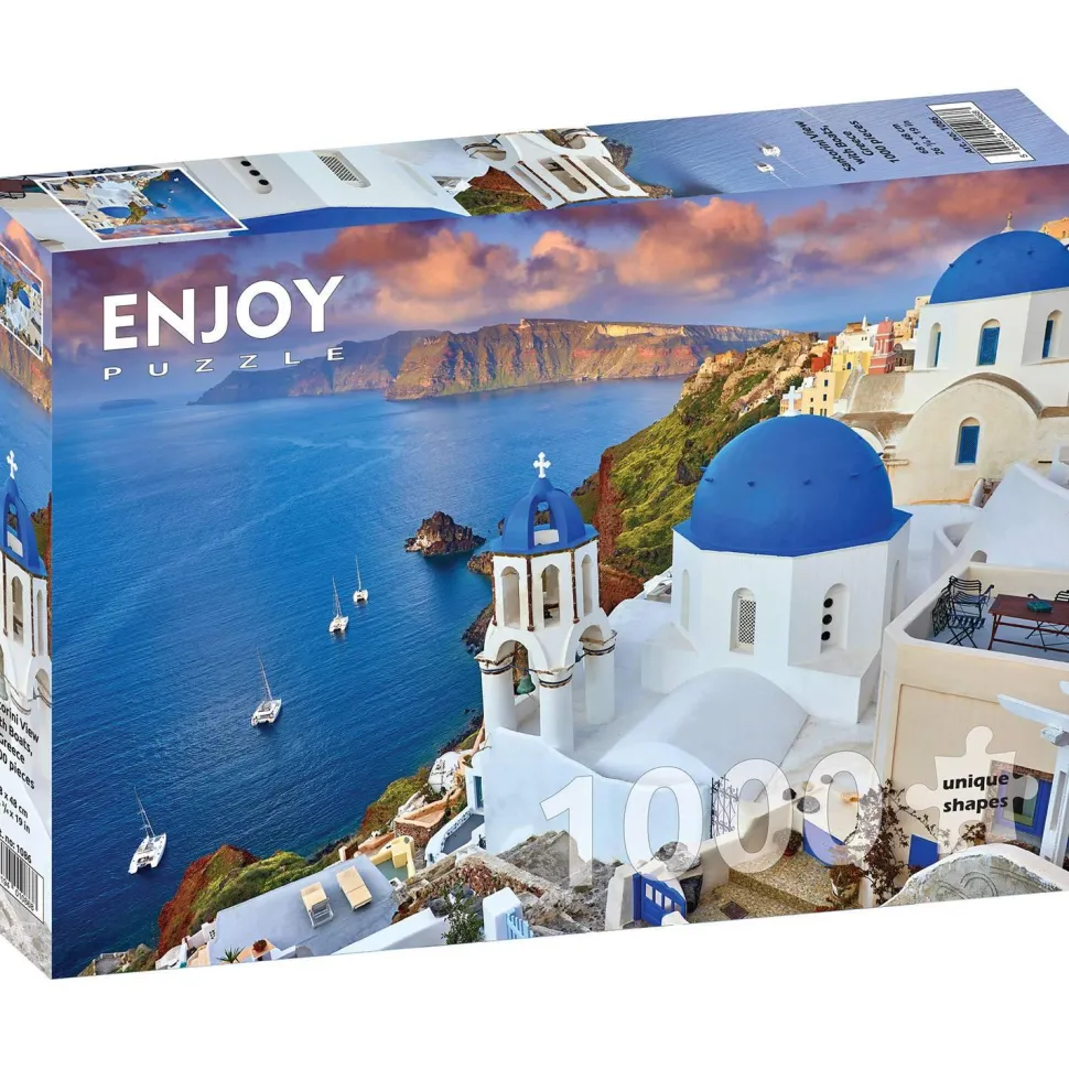 Puzzle 1000 pièces : Vue de Santorin avec bateaux, Grèce - EnjoyPuzzle