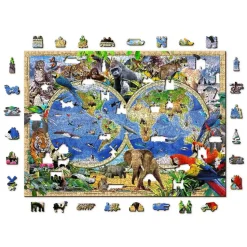 Puzzle 1010 pièces/100 formes en bois : Carte du règne animal - Wooden City