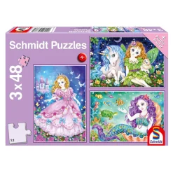 Puzzle 3 x 48 pièces : Princesse, fée et sirène - Schmidt
