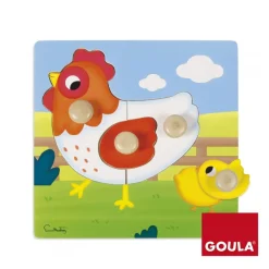 Puzzle en bois 4 pièces : la Poule et son petit poussin - Goula