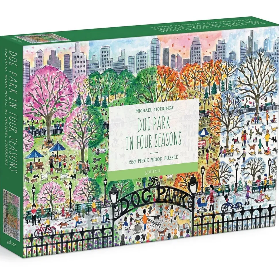 Puzzle en bois 250 pièces : Les 4 saisons du parc aux chiens, Michael Storrings - Galison