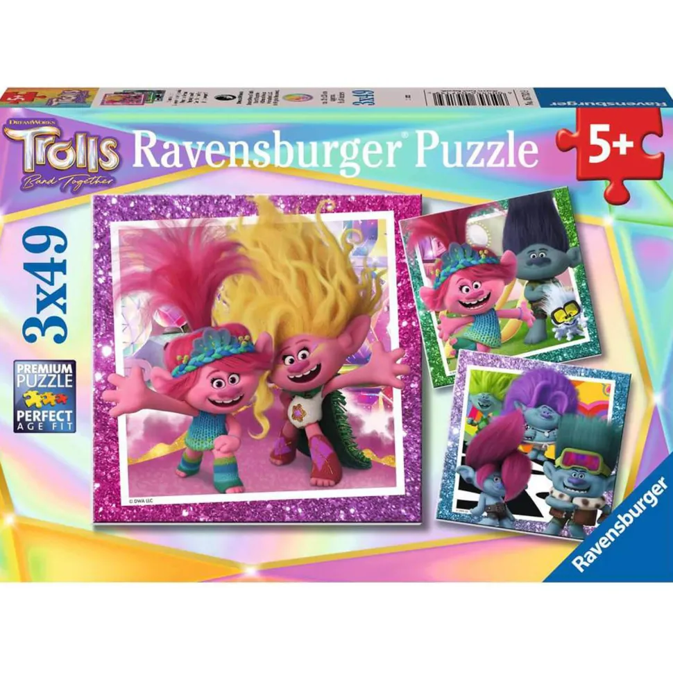 Puzzles 3 x 49 pièces : La Pop ne s'arrête jamais, Les Trolls - Ravensburger